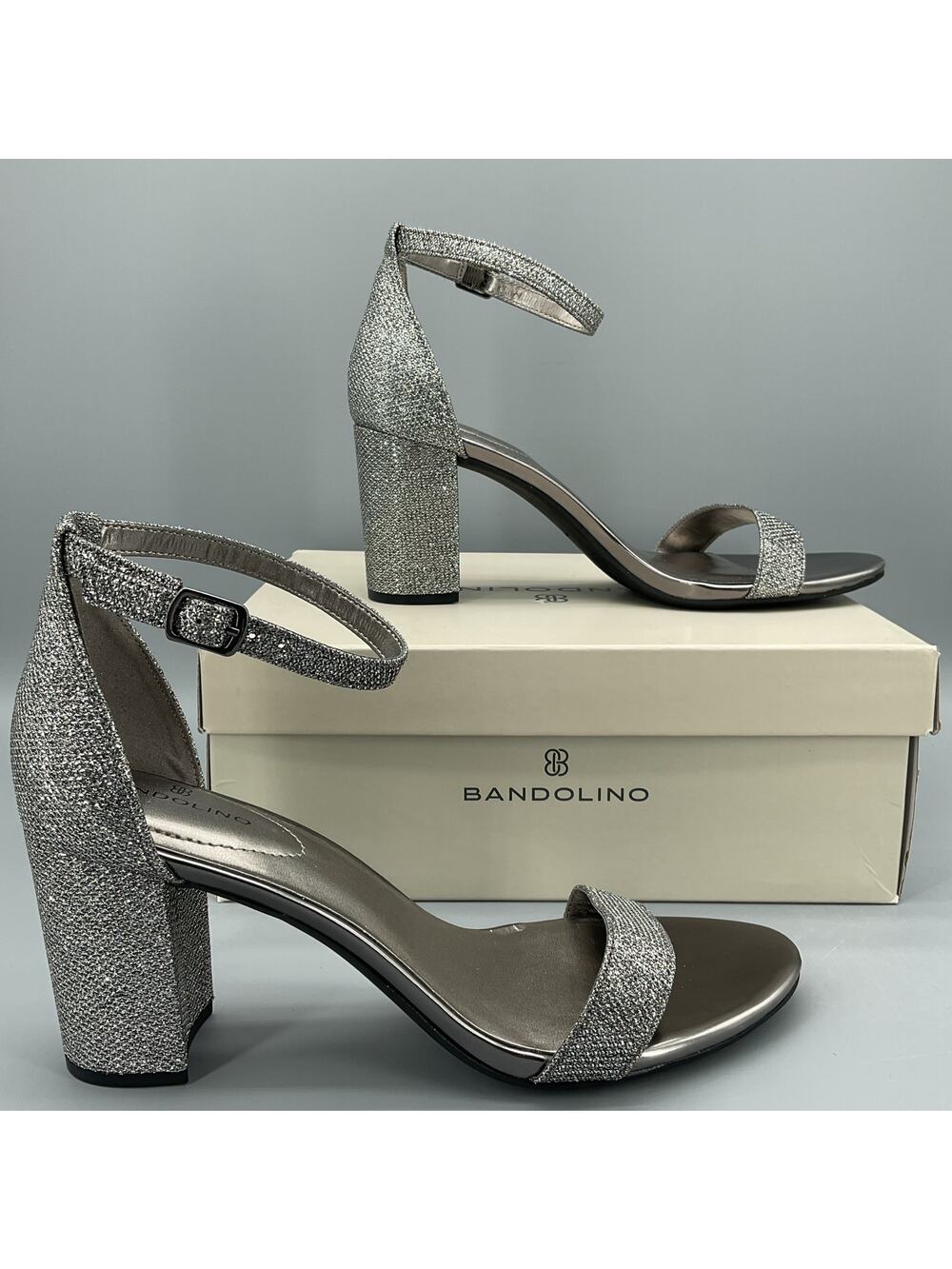 NEW Bandolino Women’s Armory Block Heel Dress Sandals Pewter Size 9M